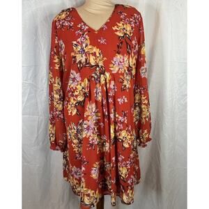 XXL Long Sleeve Floral Dress Knee Length Boho Peasant Sleeve Lined Sheer Orange